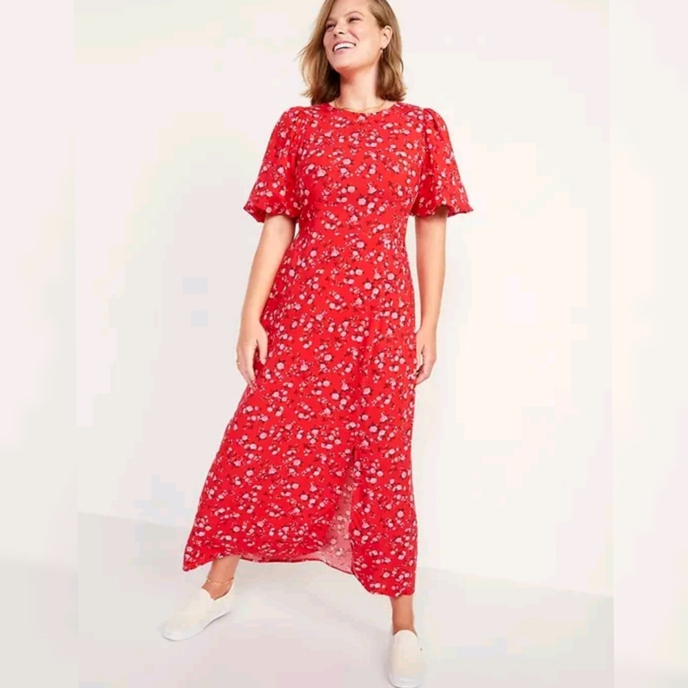 Old Navy Puff Sleeve Maxi Dress XXLT Red Floral Smocked Back